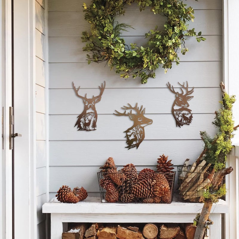 J-Fly Deer Metal Wall Art 9 Inch Deer Silhouette Wall Decor Rustic Forest Hunting Sign Woodland Valentine Decor for Fence Patio Porch Farmhouse Indoor for Living Room Bedroom Bathroom 3 Piece Set - Image 2